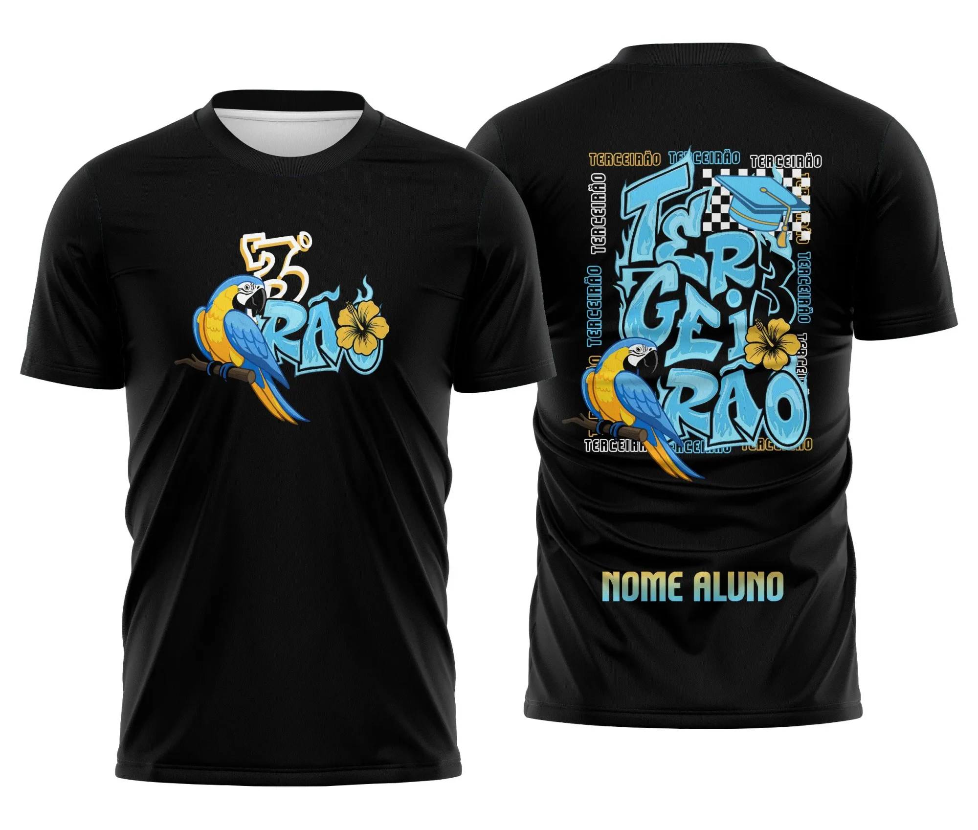 Foto de camiseta unissex preta com logo no peito e estampa grande nas costas mostrando Arara Azul Canindé com tema Terceirão.