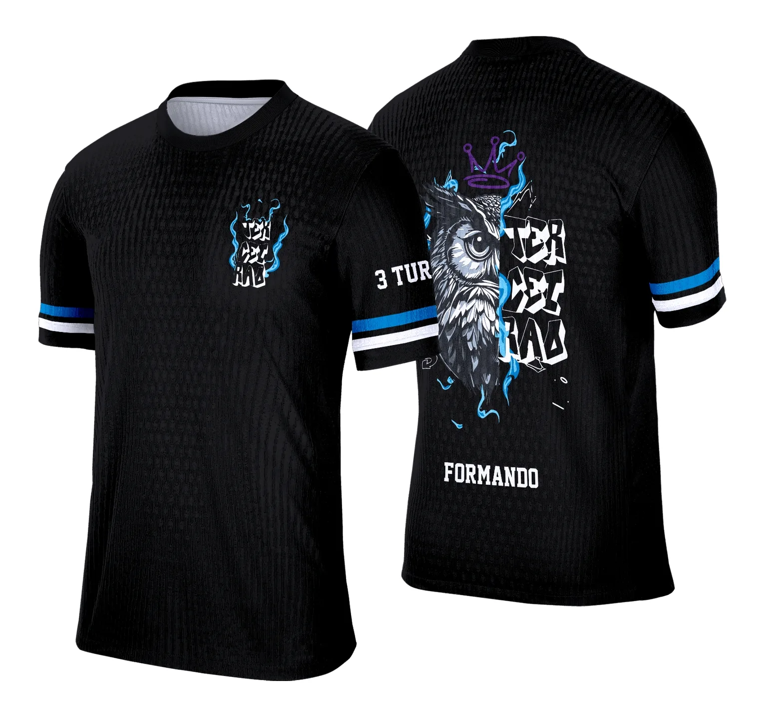 Camiseta unissex preta com logo no peito e estampa grande nas costas com tema Terceirão Grafitte com Coruja, design moderno e detalhado, perfeita para estudantes e fãs de arte urbana.