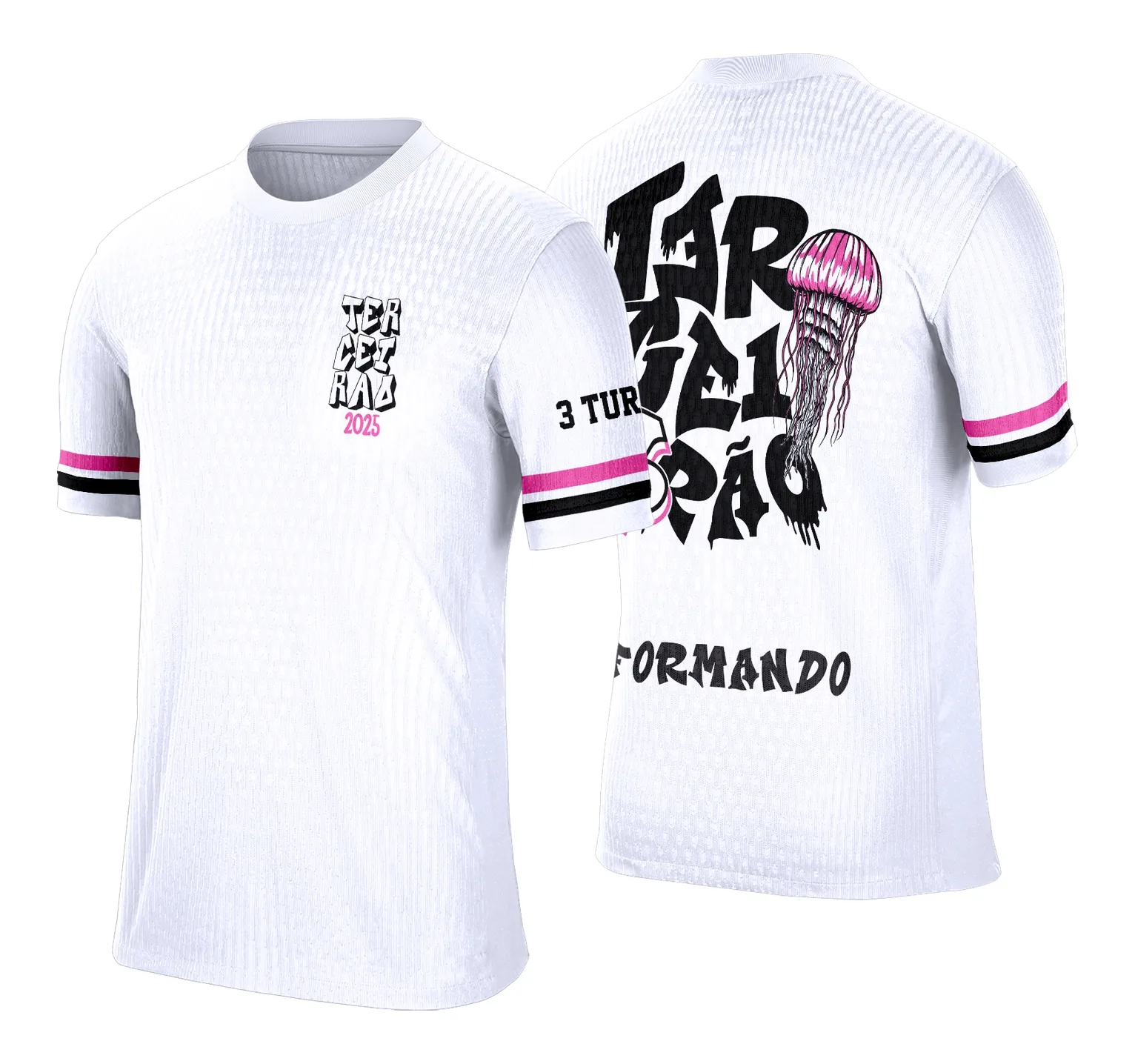 Camiseta unissex preta com logo no peito e estampa grande nas costas de grafitte Água-Viva Terceirão, design moderno e vibrante para o público jovem.