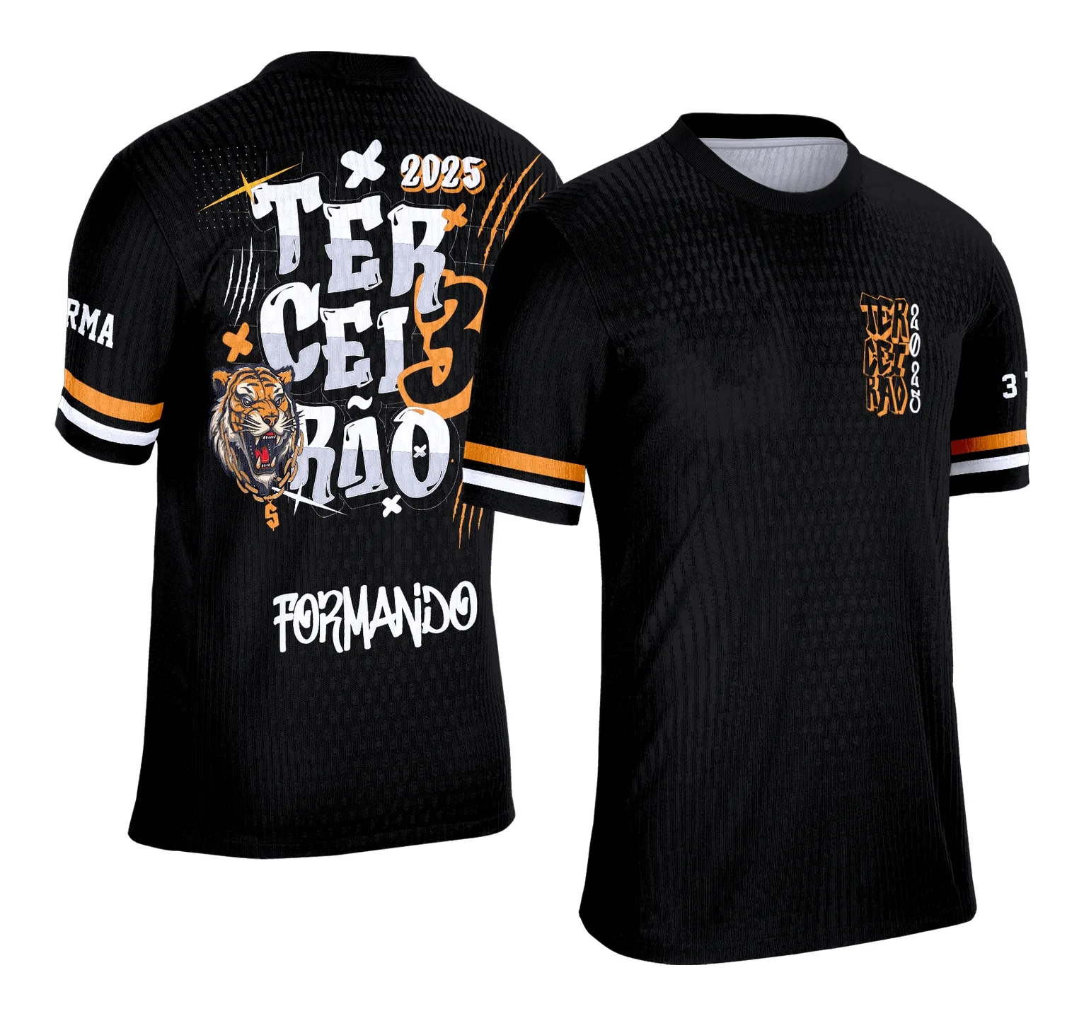 Camiseta unissex preta com logo no peito e estampa grande nas costas mostrando um tigre vibrante em estilo grafitte, perfeita para o tema Terceirão vibrante.