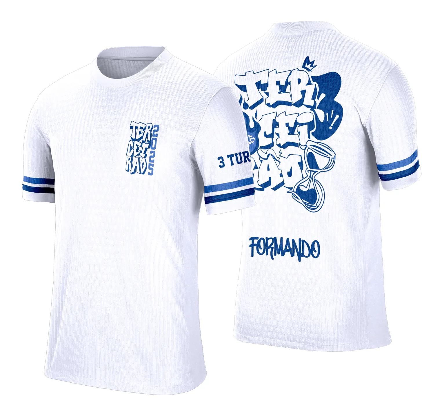 Camiseta unissex preta com logo no peito e estampa grande nas costas em azul, estilo ampulheta do Terceirão, combinando conforto e design marcante.