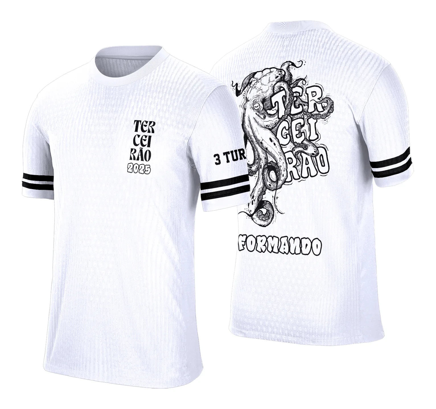 Camiseta unissex preta com logo no peito e estampa grande nas costas com desenho de polvo em estilo grafitte, perfeita para estudantes do terceiro ano.