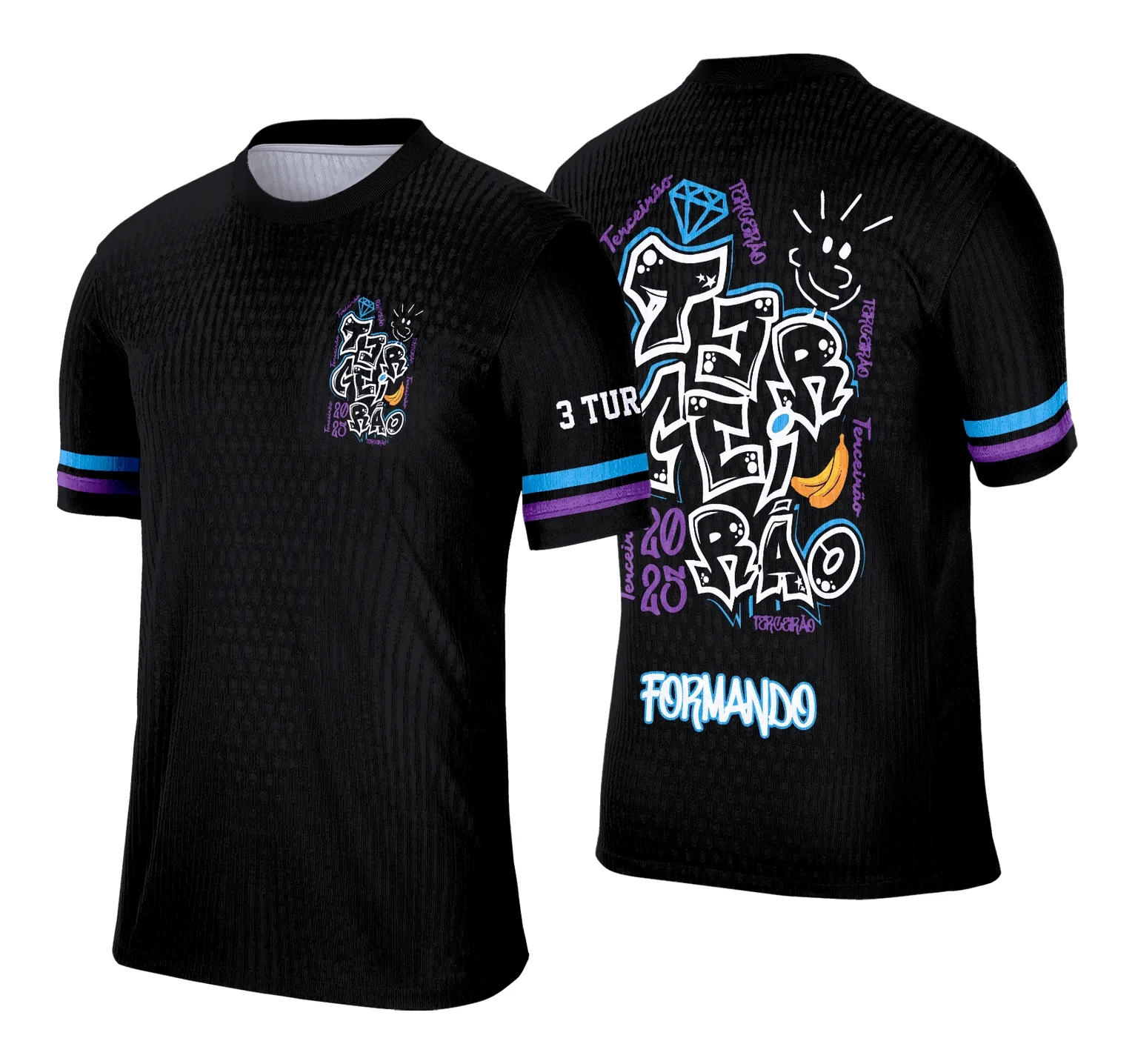 Camiseta unissex preta com logo no peito e estampa grande nas costas do Terceirão em estilo grafitte com diamante, design moderno e urbano, perfeita para estudantes que querem exclusividade.