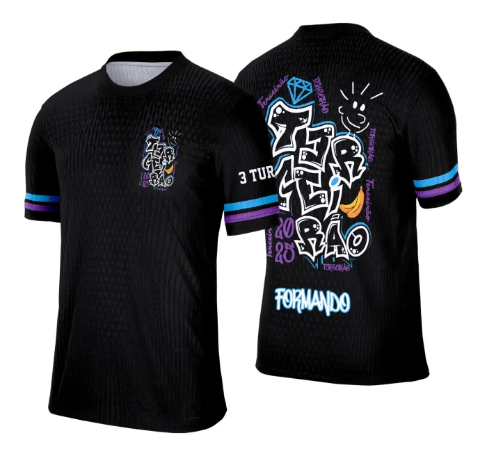 Camiseta unissex preta com logo no peito e estampa grande nas costas do Terceirão em estilo grafitte com diamante, design moderno e urbano, perfeita para estudantes que querem exclusividade.
