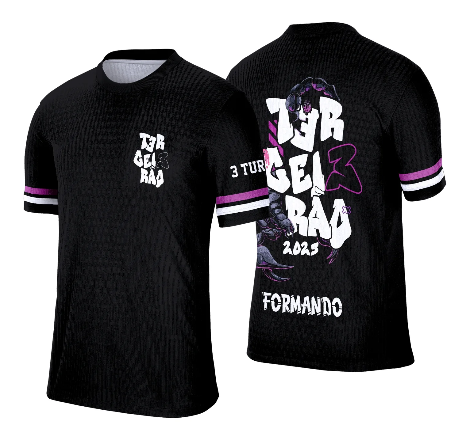 Camiseta unissex preta com logo no peito e estampa grande nas costas sobre tema Terceirão com Escorpião, ideal para uso escolar e eventos de formatura.