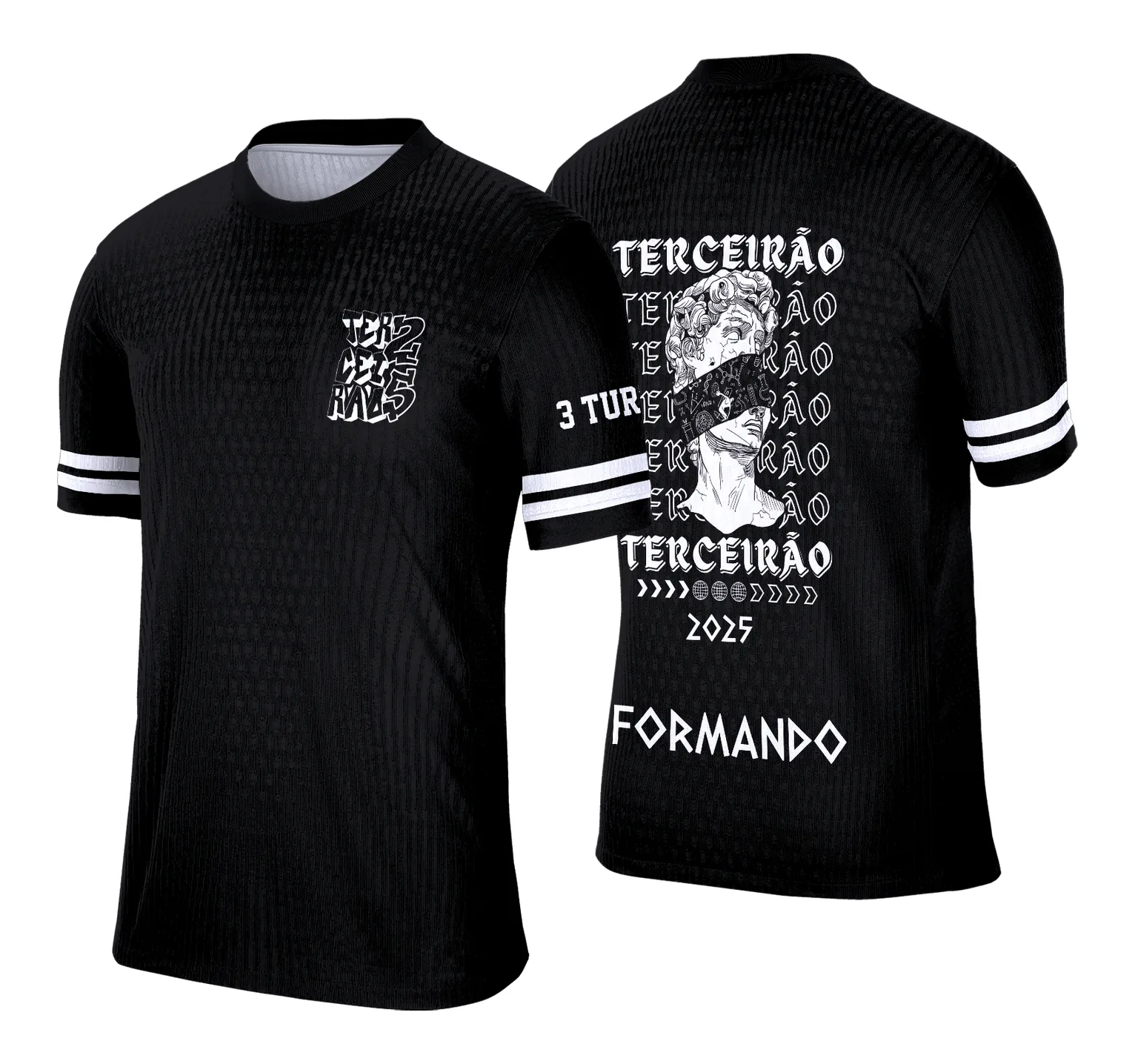 Camiseta unissex preta com logo no peito e estampa grande nas costas de estátua temática para Terceirão, estilo jovem e moderno, perfeita para celebrar a turma com estilo e identidade.