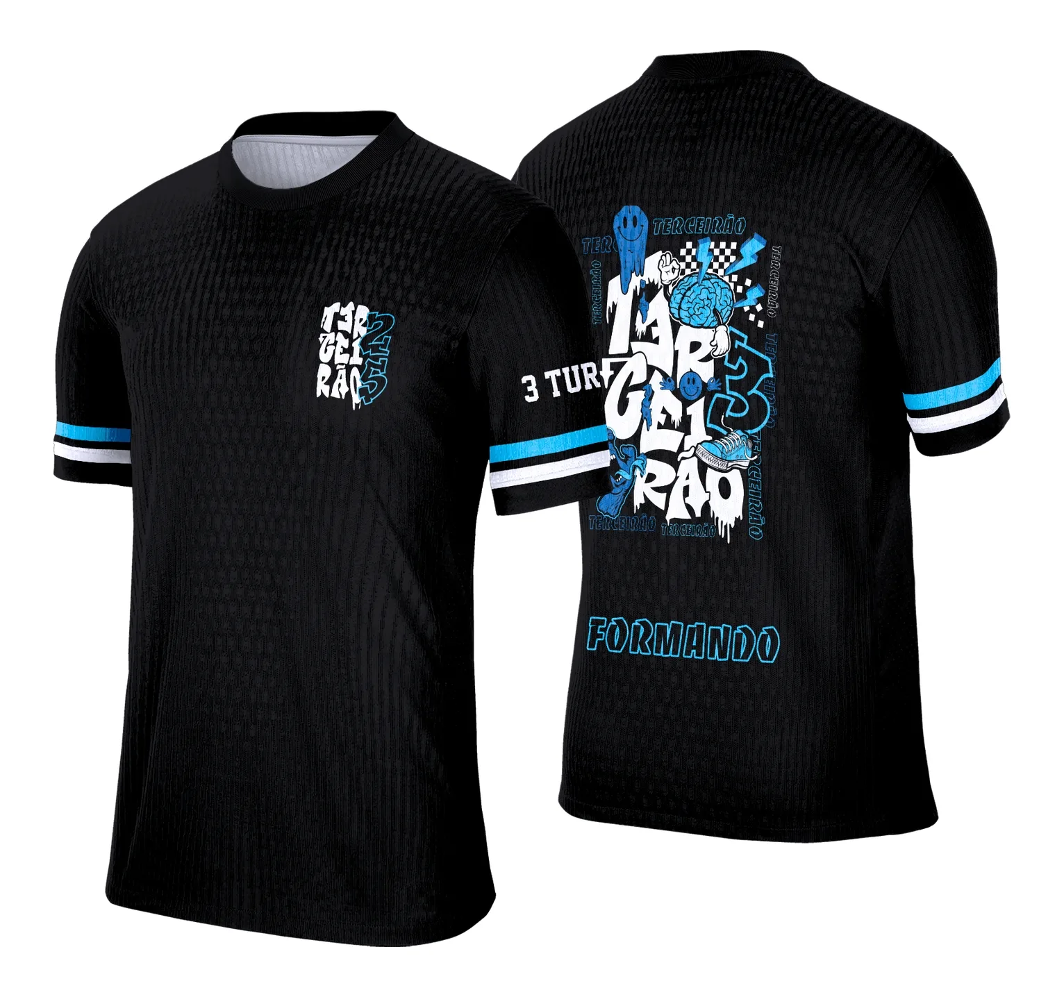 Camiseta unissex preta com logo no peito e estampa grande nas costas em tema Terceirão Grafitte Tênis Azul, estilo jovem e moderno, perfeita para ocasiões especiais e eventos escolares.