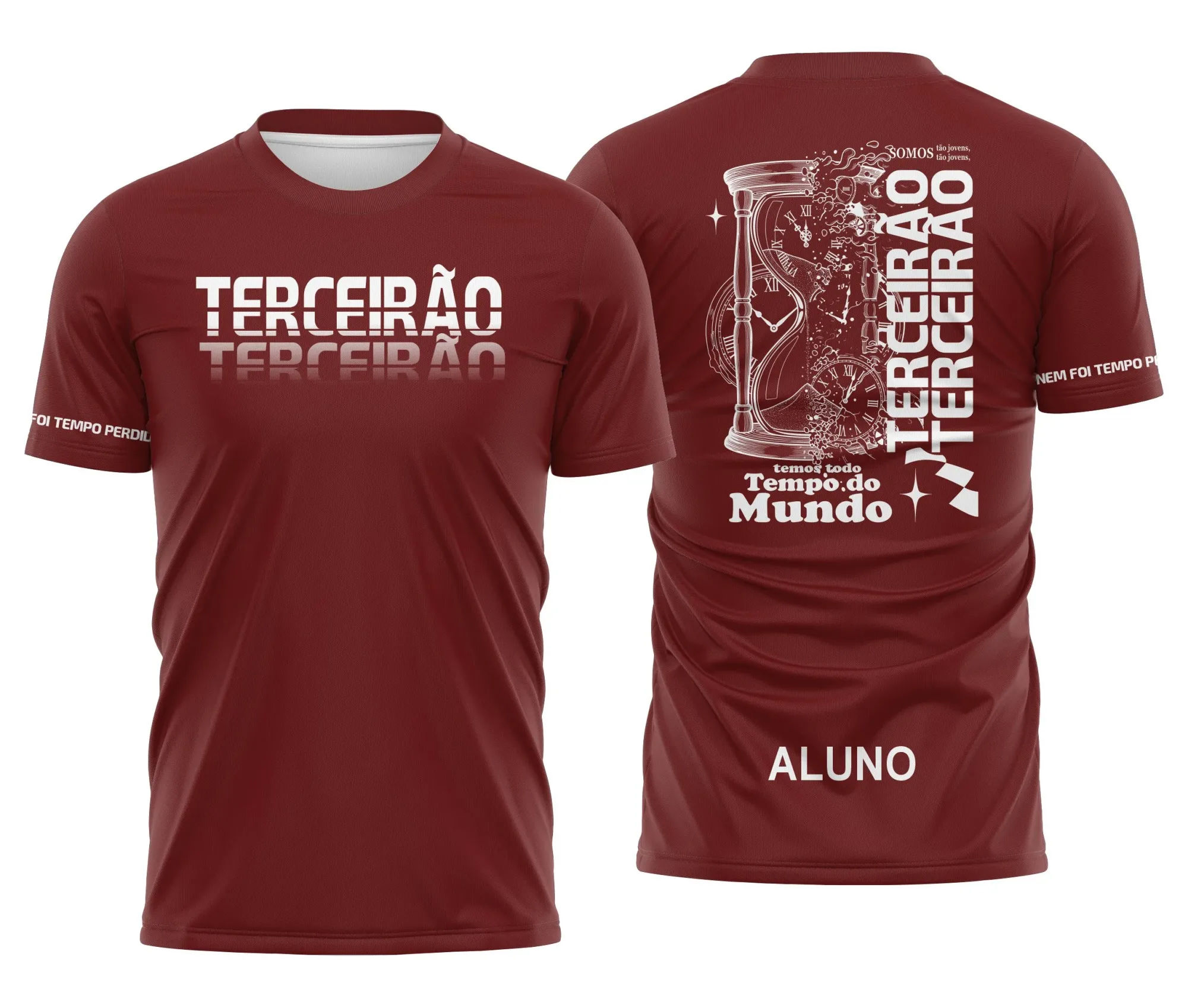 Camiseta unissex vinho com logo no peito e estampa grande nas costas retratando tema Terceirão Tempo Perdido, reforçando união e nostalgia, ideal para usar em eventos escolares com estilo e conforto.