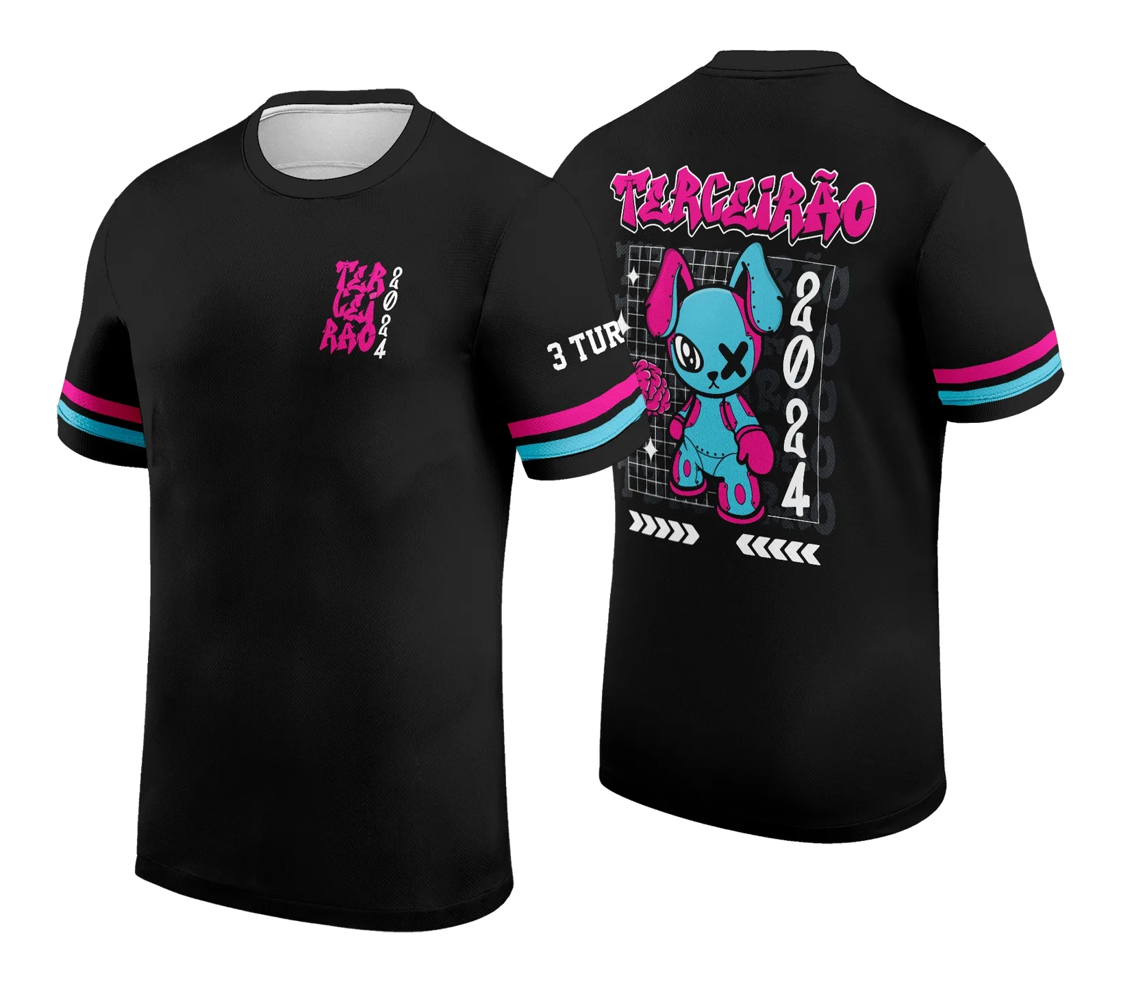 Camiseta unissex preta com logo no peito e estampa grande nas costas com tema Coelho Terceirão, ideal para celebrar a turma finalista com estilo moderno e marcante.