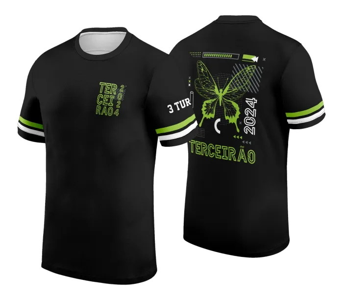 Camiseta unissex branca com logo no peito e estampa grande nas costas mostrando um design criativo para camisa de turma, ideal para uso em eventos e confraternizações escolares.