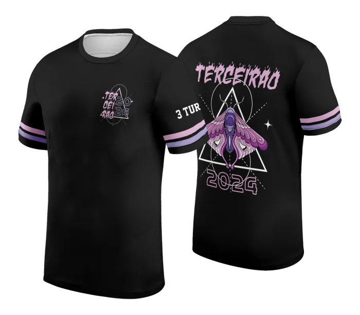 Camiseta unissex preta com logo no peito e estampa grande nas costas com tema do Terceirão 2024, perfeita para vestir a turma na formatura com estilo e atitude.
