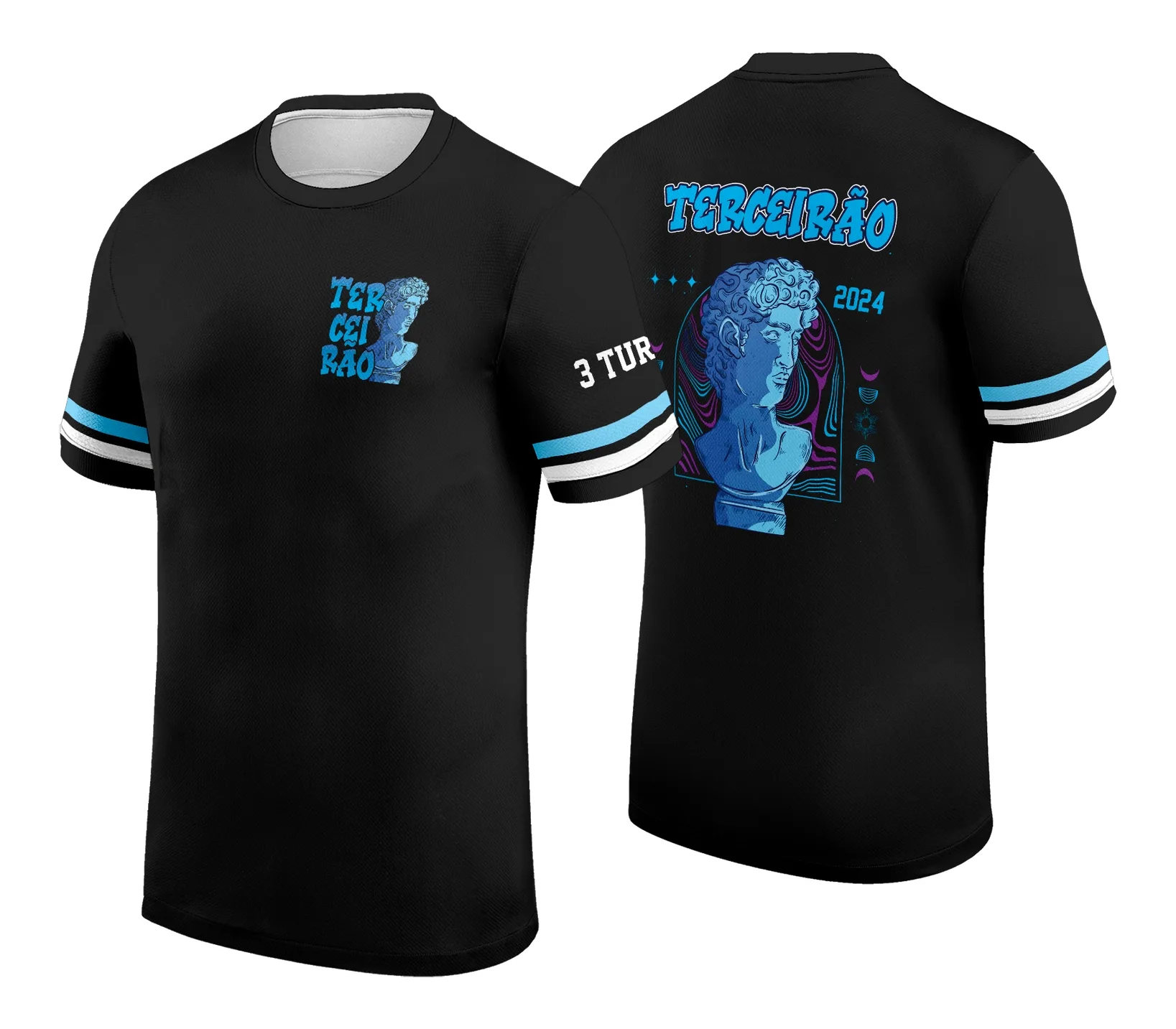 Camiseta unissex preta com logo no peito e estampa grande nas costas em tema de formatura, ideal para comemoração e eventos universitários.