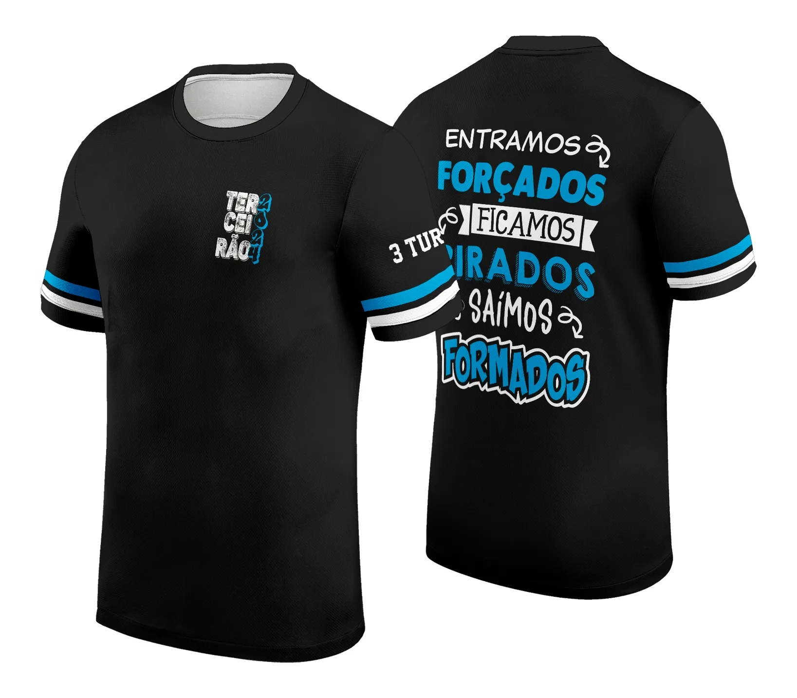 Camiseta unissex preta com logo no peito e estampa grande nas costas, exclusiva para formatura modelo 2, perfeita para marcar esse momento especial com estilo.