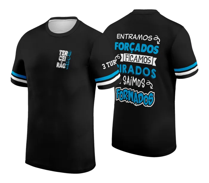 Camiseta unissex preta com logo no peito e estampa grande nas costas, exclusiva para formatura modelo 2, perfeita para marcar esse momento especial com estilo.