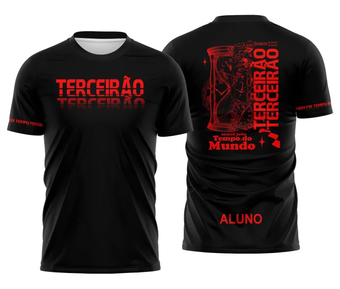 Camiseta unissex preta com logo no peito e estampa grande nas costas destacando o tema Terceirão Tempo Marcado, visual moderno e estiloso, ideal para estudantes finais de curso.