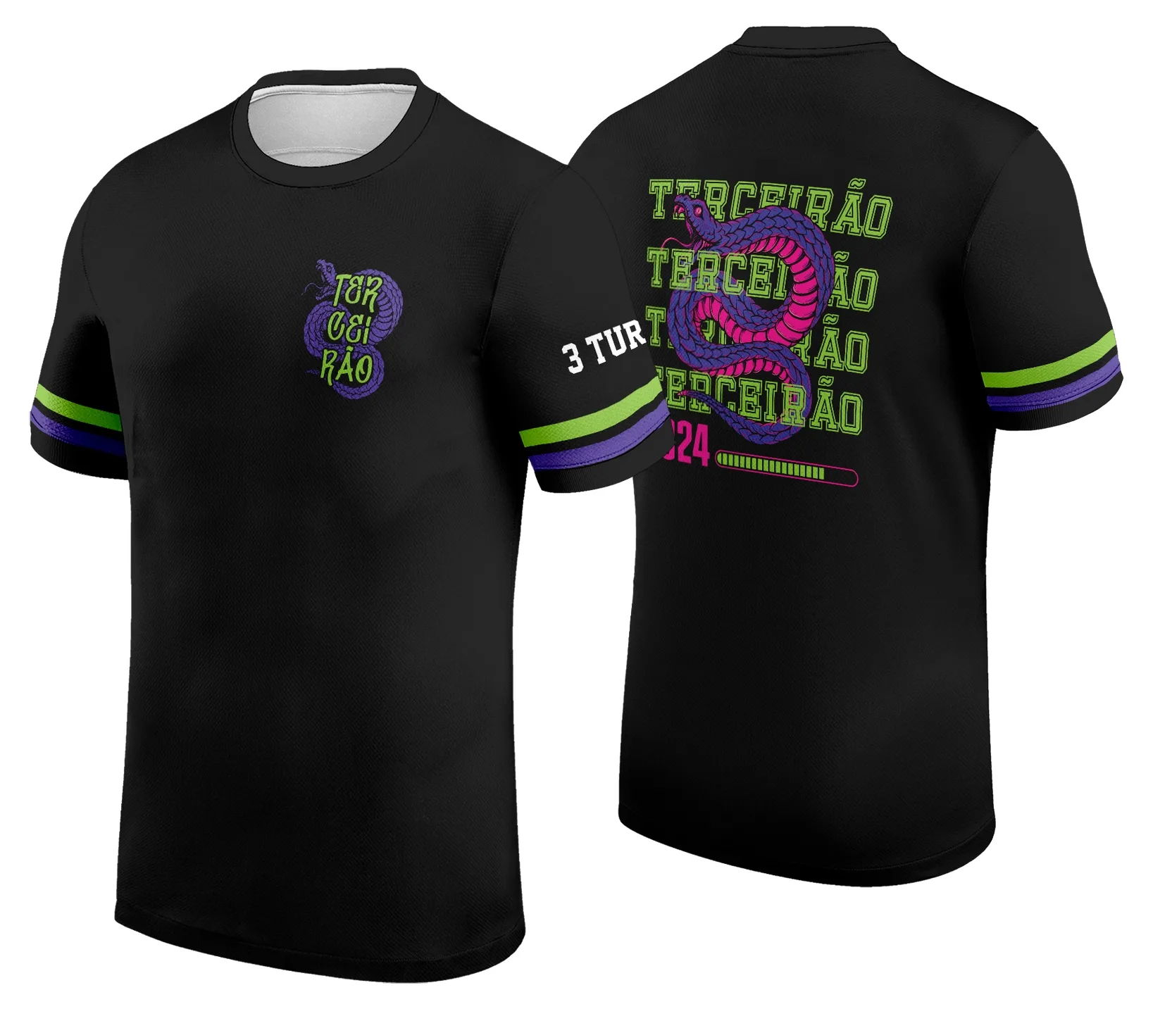 Camiseta unissex preta com logo no peito e estampa grande nas costas do tema Terceirão Cobra Exclusiva Modelo 2, perfeita para estudantes celebrarem sua turma com estilo e atitude.