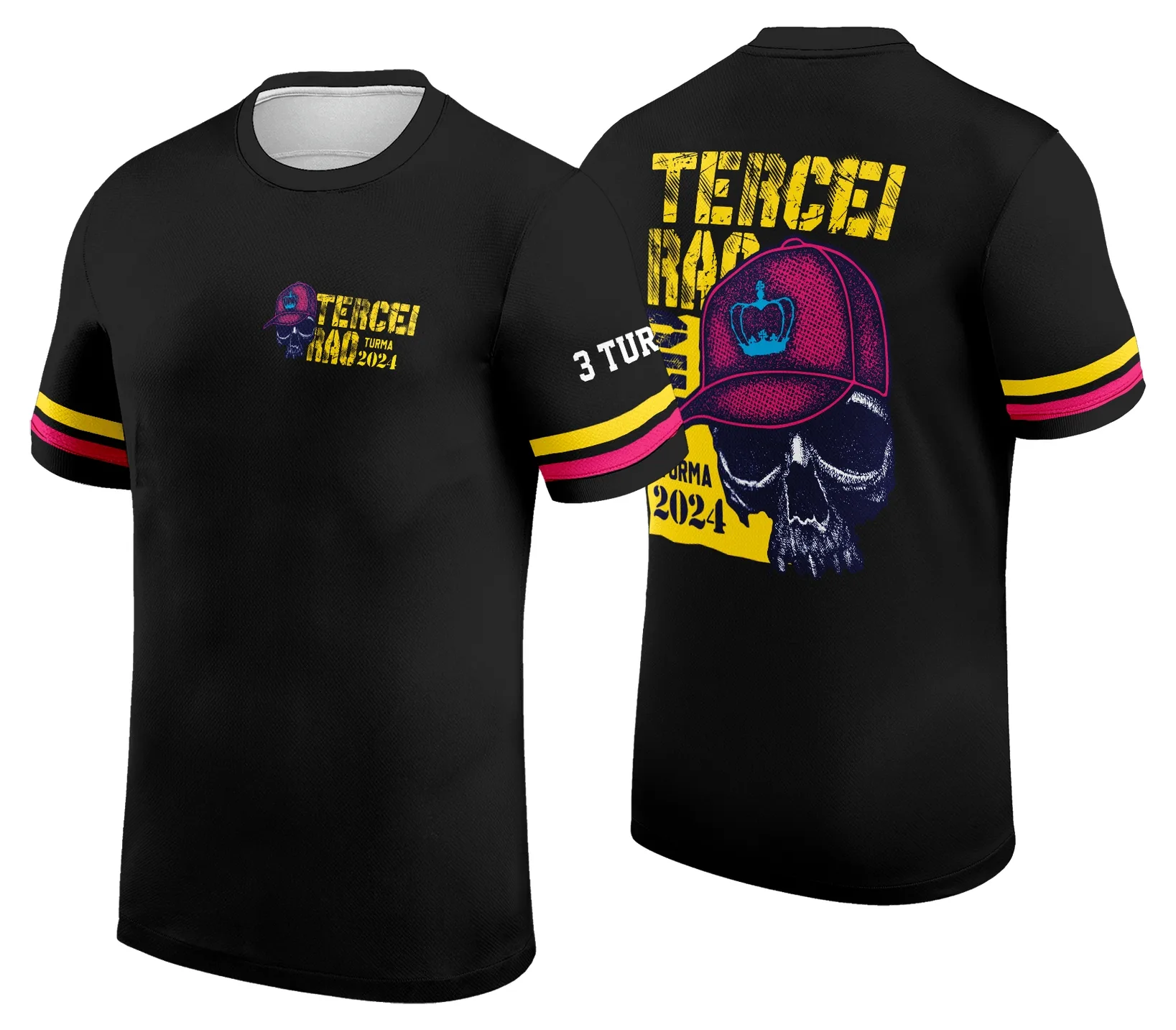 Camiseta unissex preta com logo no peito e estampa grande nas costas na temática Terceirão Exclusiva com Boné, perfeita para uso casual e eventos escolares.
