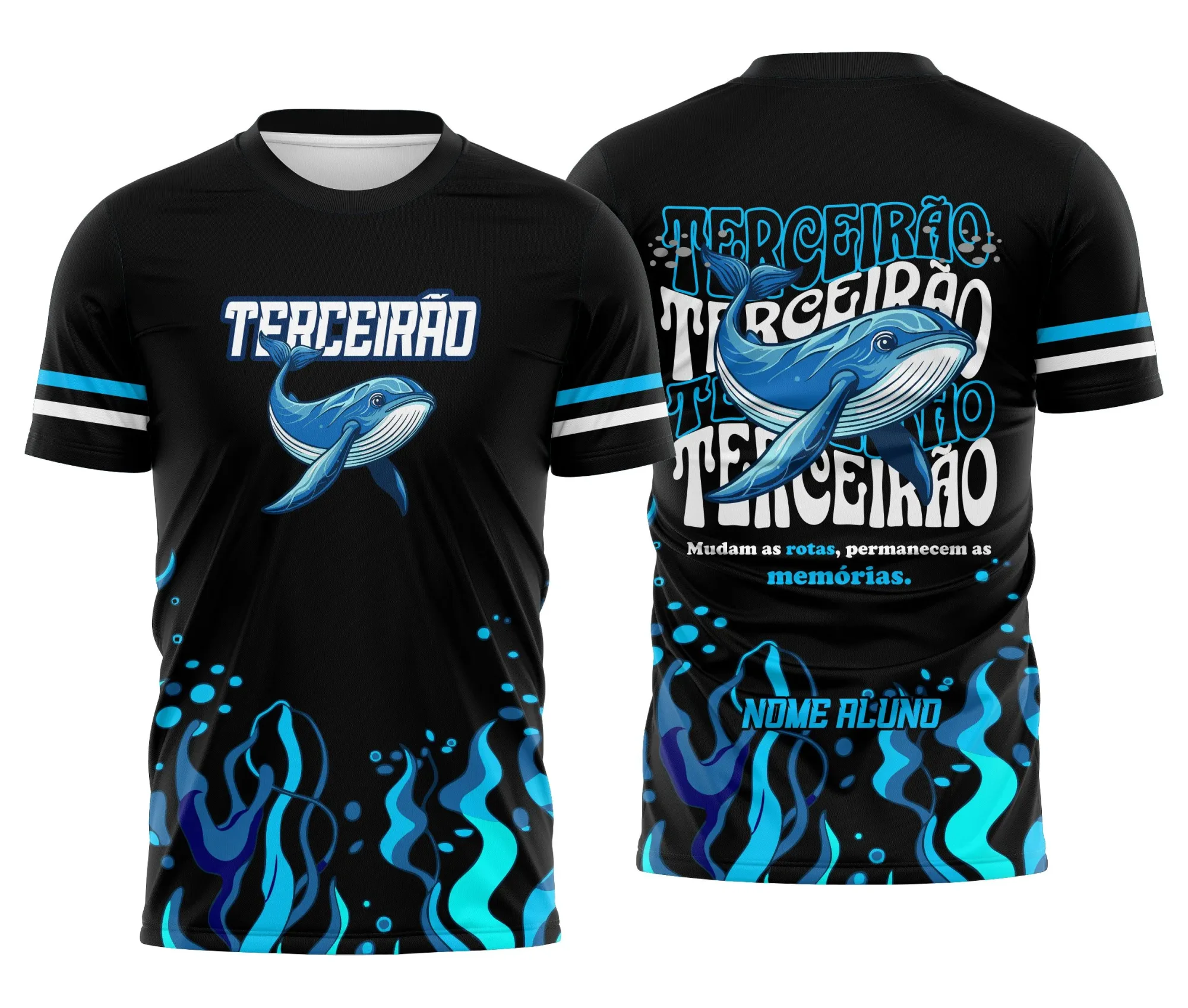 Camiseta unissex preta com logo no peito e estampa grande nas costas do tema Terceirão Baleia Azul, ideal para estudantes celebrando a fase final escolar.