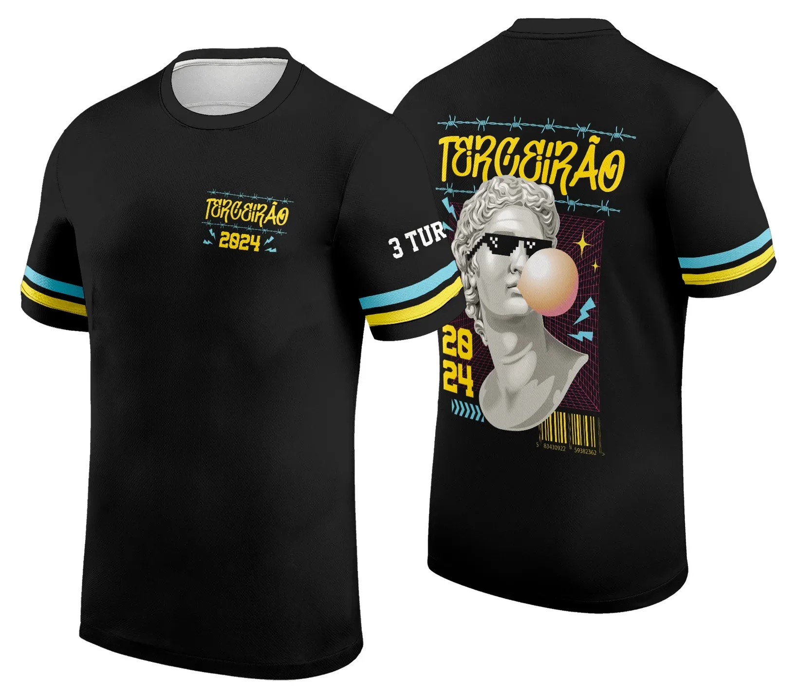 Camiseta unissex preta com logo no peito e estampa grande nas costas da Terceirão Estátua Exclusiva, perfeita para estudantes que querem estilo e identidade na sua camiseta.