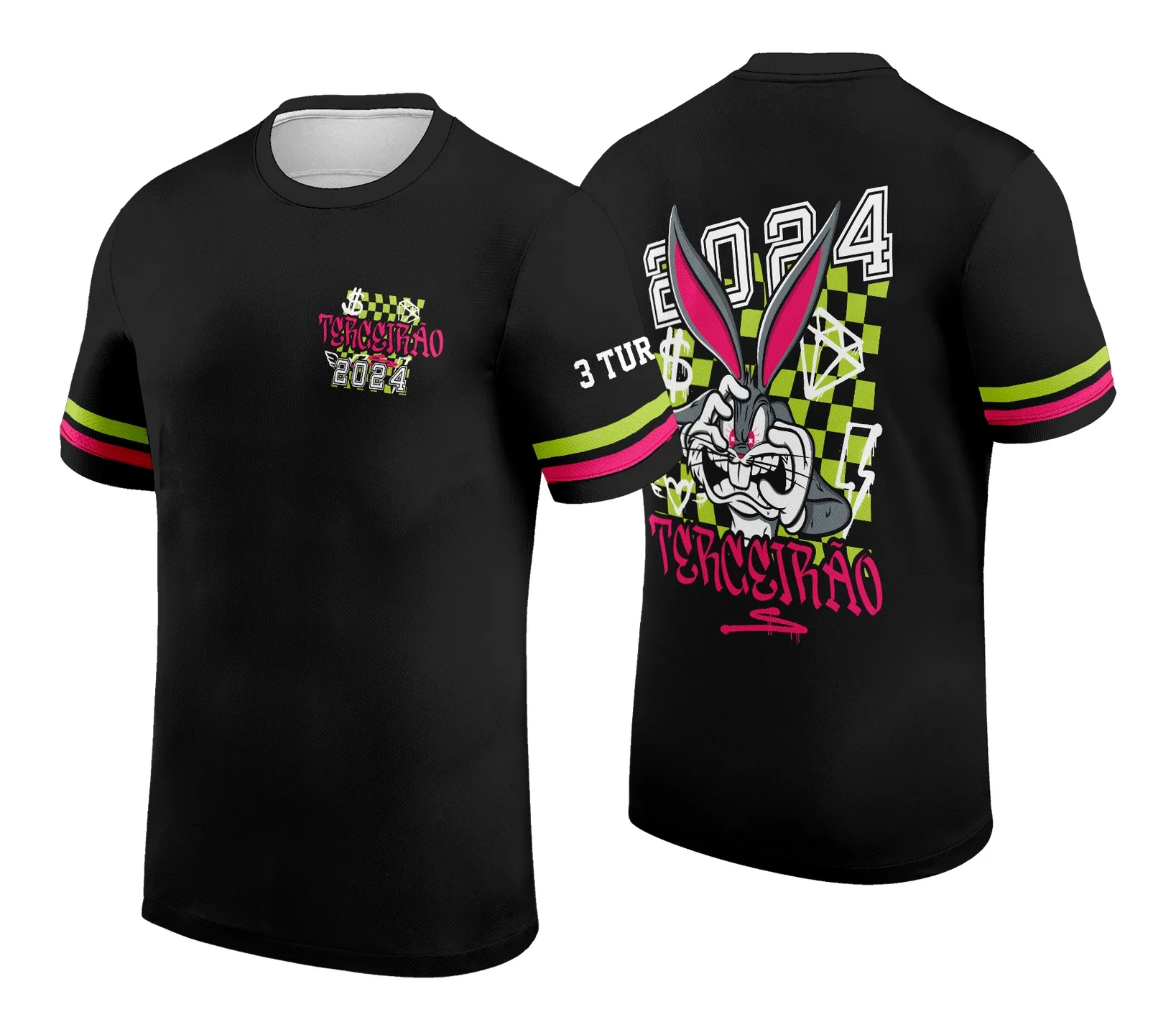 Camiseta unissex preta com logo no peito e estampa grande nas costas representando o Terceirão com Coelho Pernalonga, ideal para estudantes celebrando sua turma.