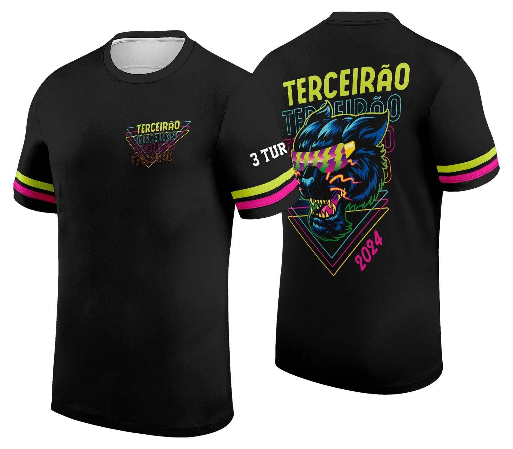 Camiseta unissex preta com logo no peito e estampa grande nas costas com tema Lobo Terceirão, ideal para fãs da turma e estilo casual