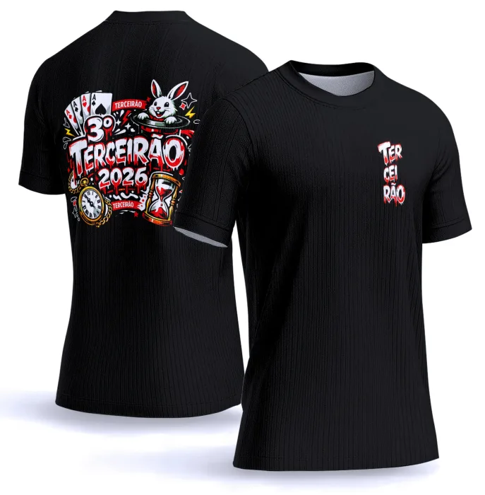 Camiseta unissex preta com logo no peito e estampa grande nas costas mostrando cartas blood, perfeita para turma terceirão.
