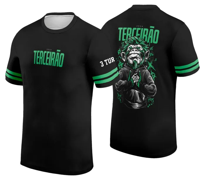 Camiseta unissex preta com logo no peito e estampa grande nas costas com tema Turma Terceirão modelo 2, ideal para confraternizações e eventos de despedida escolar.