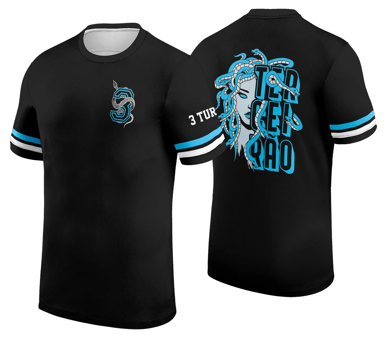 Camiseta unissex preta com logo no peito e estampa grande nas costas inspirada no tema Medusa Azul Terceirão, moderna e estilosa para uso casual
