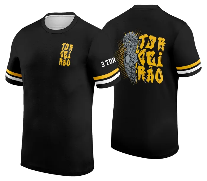 Camiseta unissex preta com logo no peito e estampa grande nas costas no estilo Terceirão Zeus, perfeita para momentos de celebração e orgulho escolar.