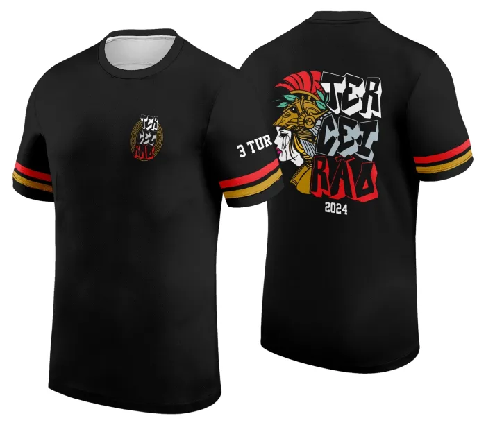 Camiseta unissex preta com logo no peito e estampa grande nas costas com design exclusivo para Terceirão Athenas, perfeita para estudantes comemorarem a formação.