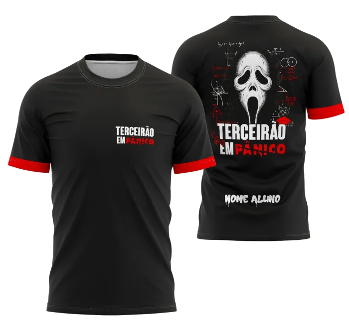 Camiseta unissex preta, logo no peito e estampa grande nas costas com tema Terceirão em Pânico, estilo jovem e moderno, ideal para celebrações e formaturas.