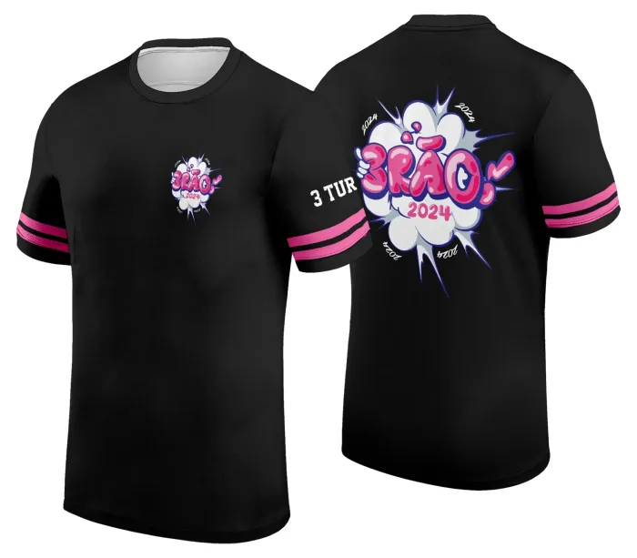 Camiseta unissex branca com logo no peito e estampa grande nas costas com tema exclusiva para camisa de turma, perfeita para usar em eventos escolares ou encontros de classe.
