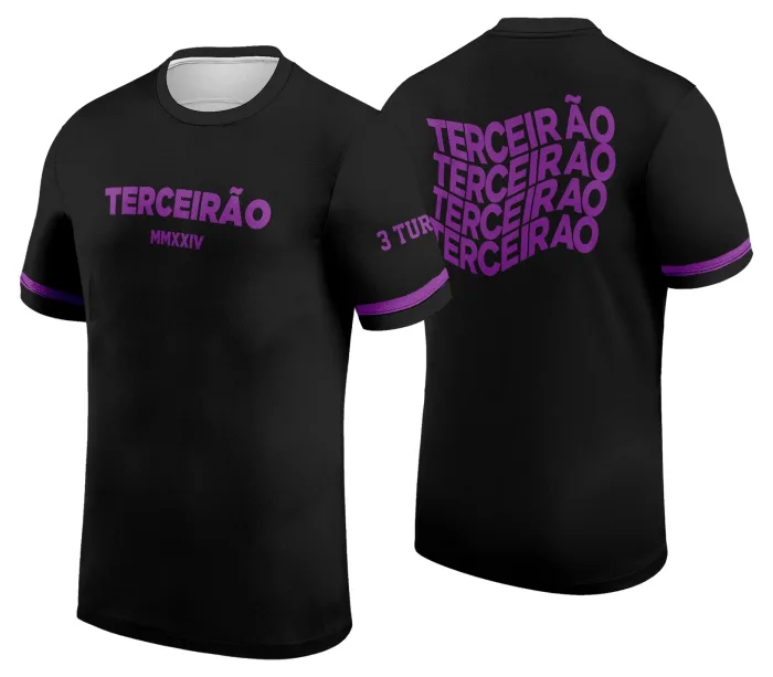 Camiseta unissex preta com logo no peito e estampa grande nas costas com tema Exclusiva para Camisa de Terceirão modelo 5, ideal para celebração de formatura com visual moderno.