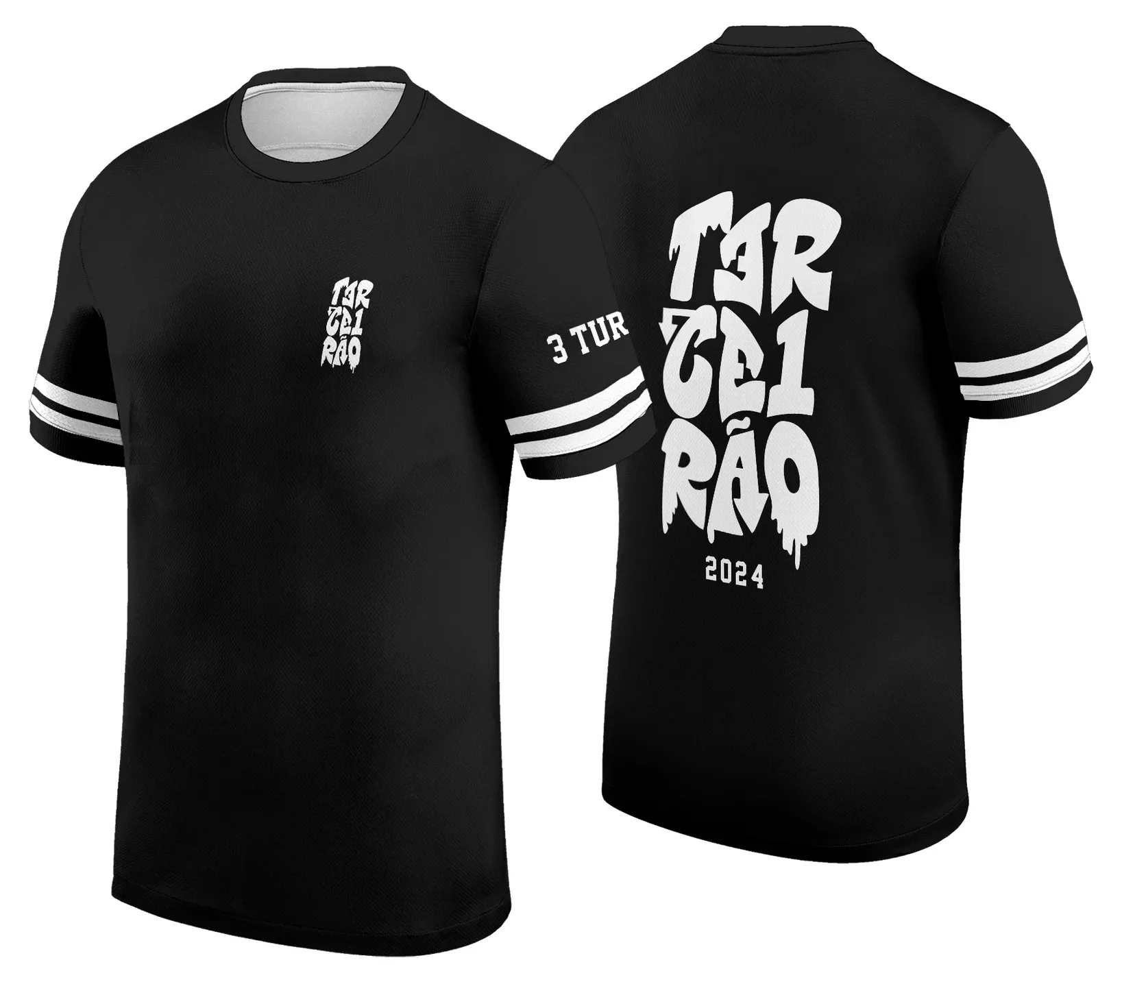 Camiseta unissex preta com logo no peito e estampa grande nas costas com design exclusivo para turma, modelo 2, detalhe moderno e visual marcante.