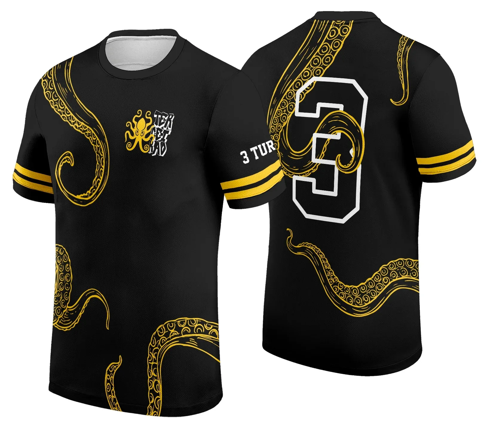 Camiseta unissex preta com logo no peito e estampa grande nas costas com tema de Terceirão Polvo, ideal para estudantes e fãs do estilo ousado e criativo.