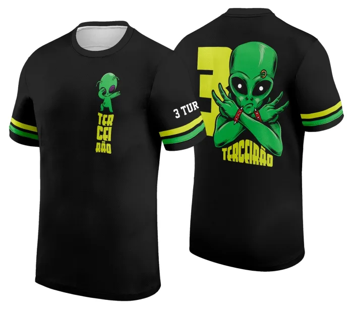 Camiseta unissex preta com logo no peito e estampa grande nas costas com tema Alien Terceirão Exclusiva, destacando estilo moderno e descolado para jovens.
