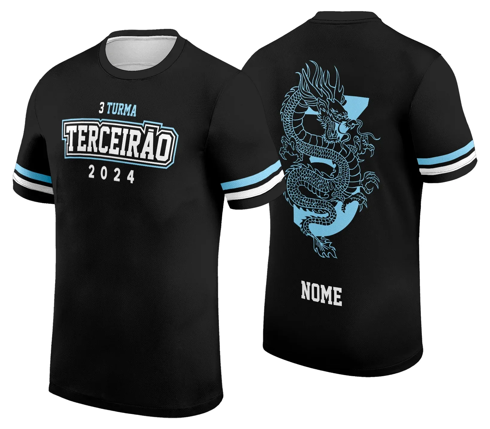 Camiseta unissex preta com logo no peito e estampa grande nas costas com dragão e terçeirão, estilo exclusivo para comemoração de formatura finalista.