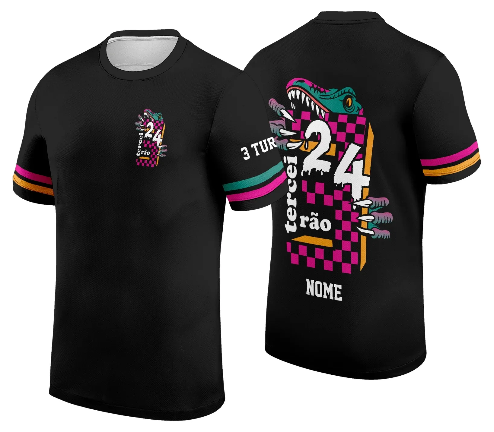 Camiseta unissex preta com logo no peito e estampa grande nas costas estilo Dino, ideal para comemorar o Terceirão com estilo e personalidade.