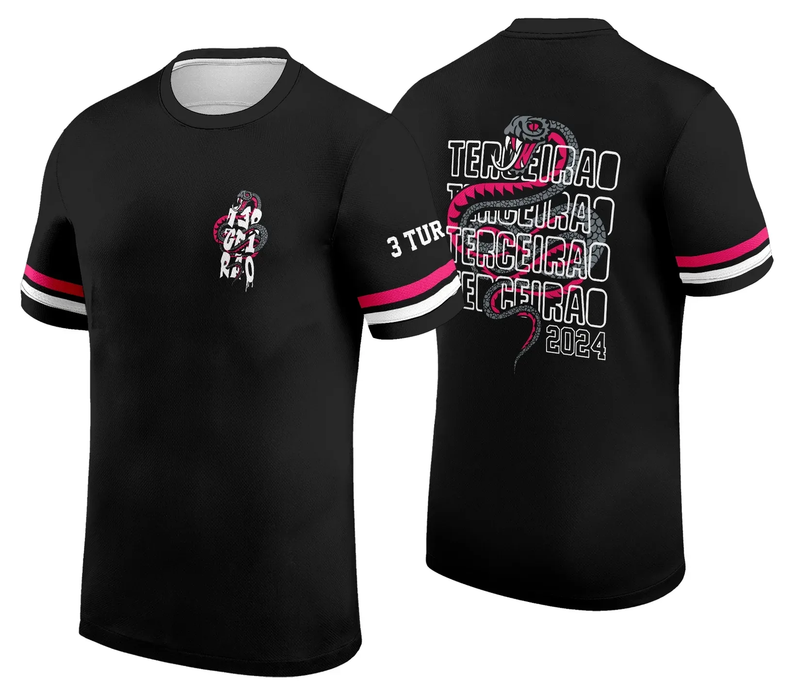 Camiseta unissex preta com logo no peito e estampa grande nas costas do tema Terceirão Cobra modelo 2, perfeita para confraternização de fim de curso e eventos escolares.