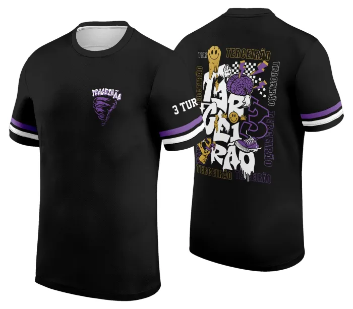 Camiseta unissex preta com logo no peito e estampa grande nas costas, tema Terceirão Graffite, design moderno e urbano, perfeita para estudantes que querem marcar seu último ano com estilo.