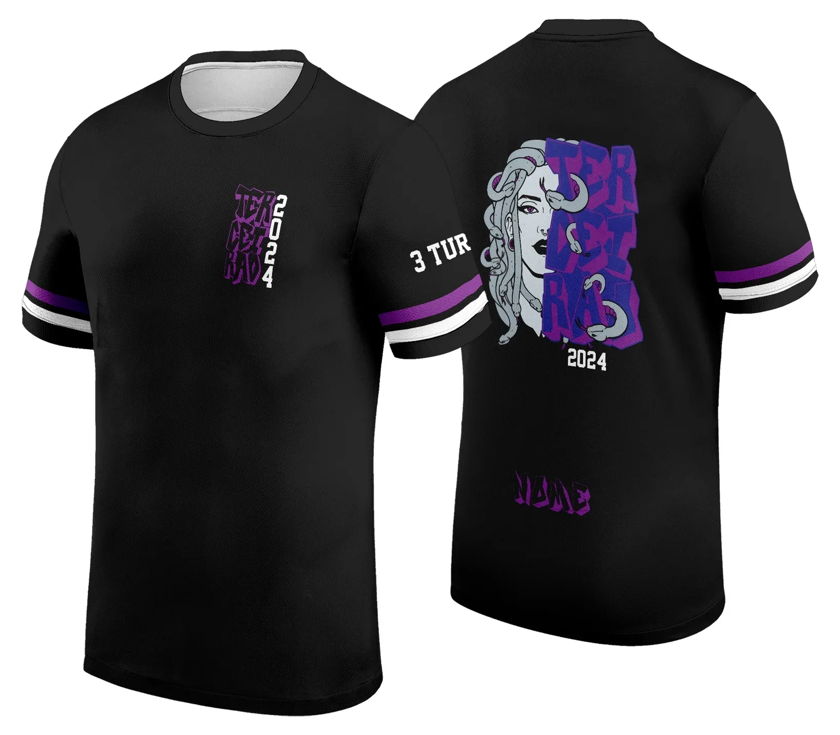 Camiseta unissex preta com logo no peito e estampa grande nas costas, inspirada no tema Medusa Terceirão, ideal para quem busca estilo e personalidade marcante.