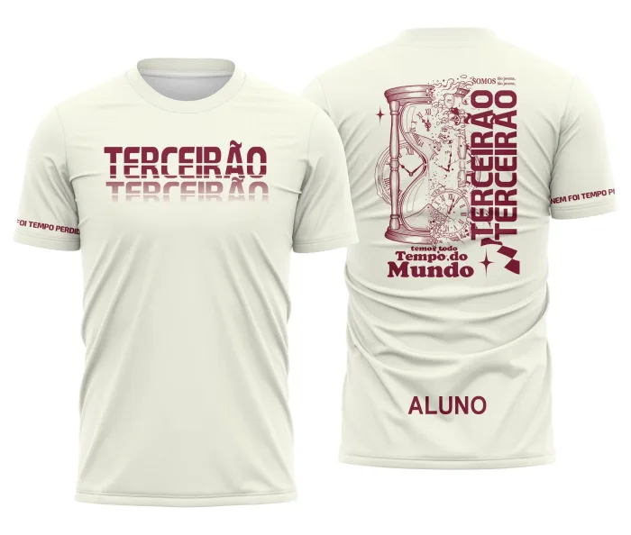 Camiseta unissex preta com logo no peito e estampa grande nas costas inspirada no tema Terceirão Tempo Perdido, ideal para festas de colégio e formaturas.