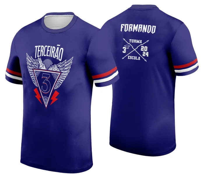 Camiseta unissex preta com logo no peito e estampa grande nas costas, tema Terceirão 2026 modelo 3, ideal para turma do último ano.