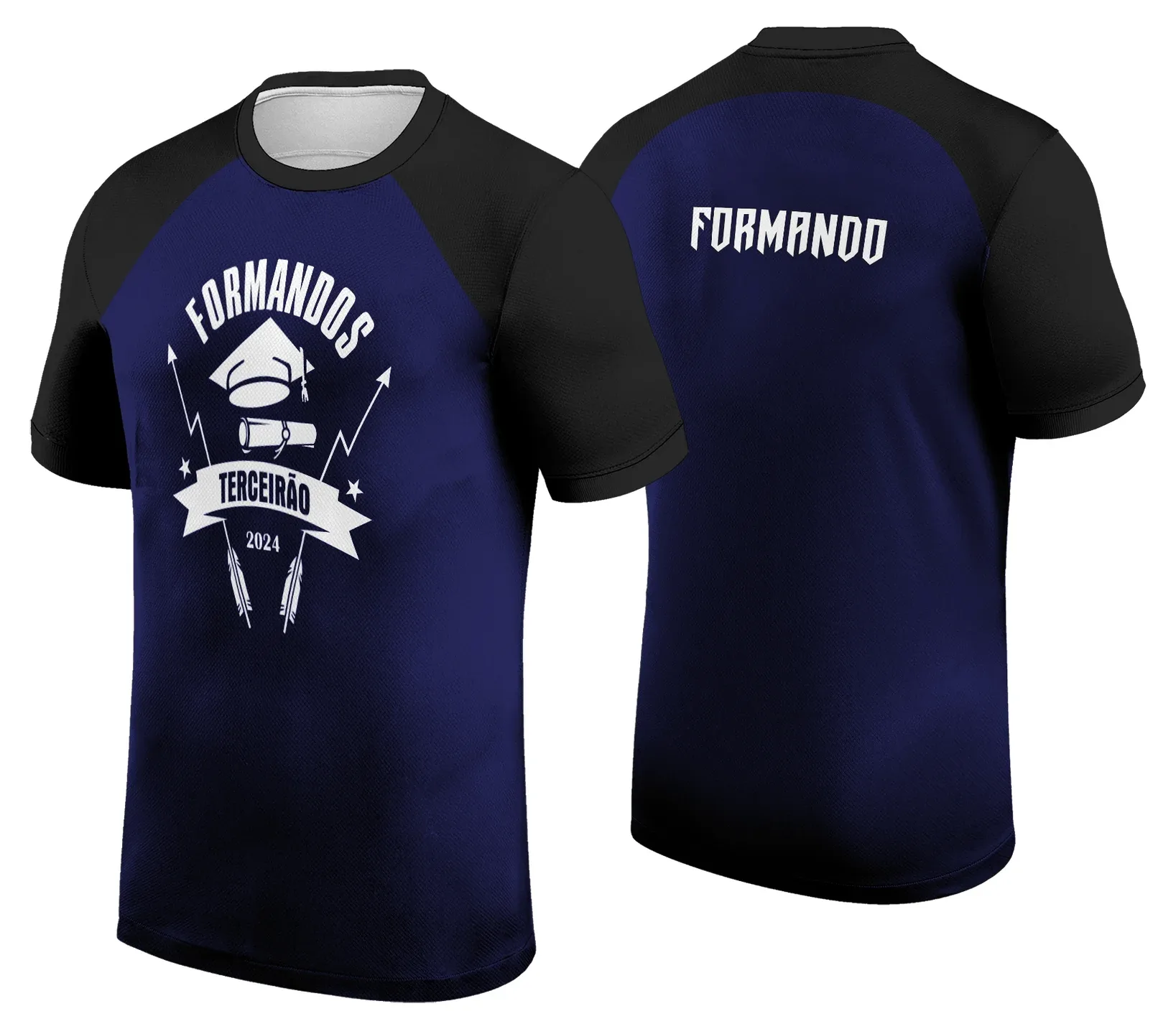 Camiseta unissex preta com logo no peito e estampa grande nas costas com tema do Terceirão 2026 modelo 4, ideal para expressar orgulho e união da turma na escola.