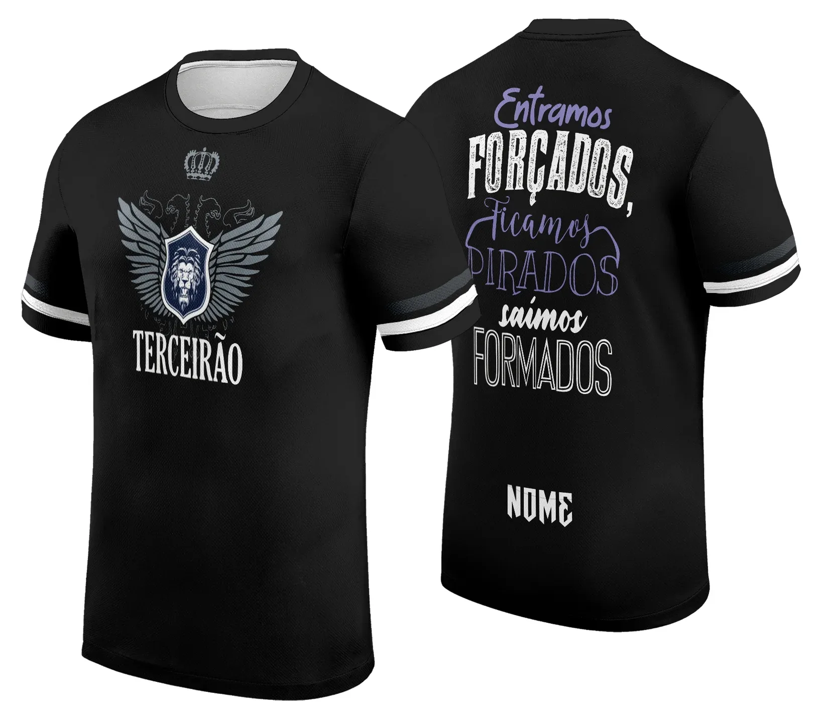 Camiseta unissex preta com logo no peito e estampa grande nas costas destacando o Terceirão 2026, modelo 5, perfeita para estudantes do último ano com design moderno e marcante.