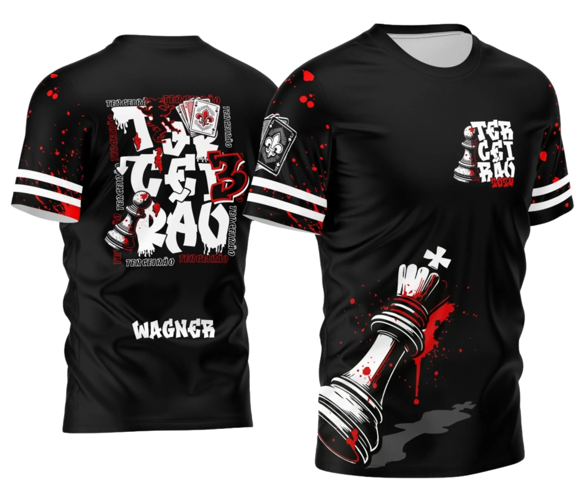 Camiseta unissex preta com logo no peito e estampa grande nas costas do Terceirão Peão de Xadrez 2026, ideal para alunos que celebram o último ano do ensino médio com estilo único.