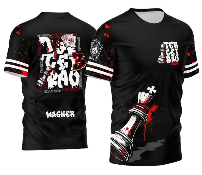 Camiseta unissex preta com logo no peito e estampa grande nas costas do Terceirão Peão de Xadrez 2026, ideal para alunos que celebram o último ano do ensino médio com estilo único.