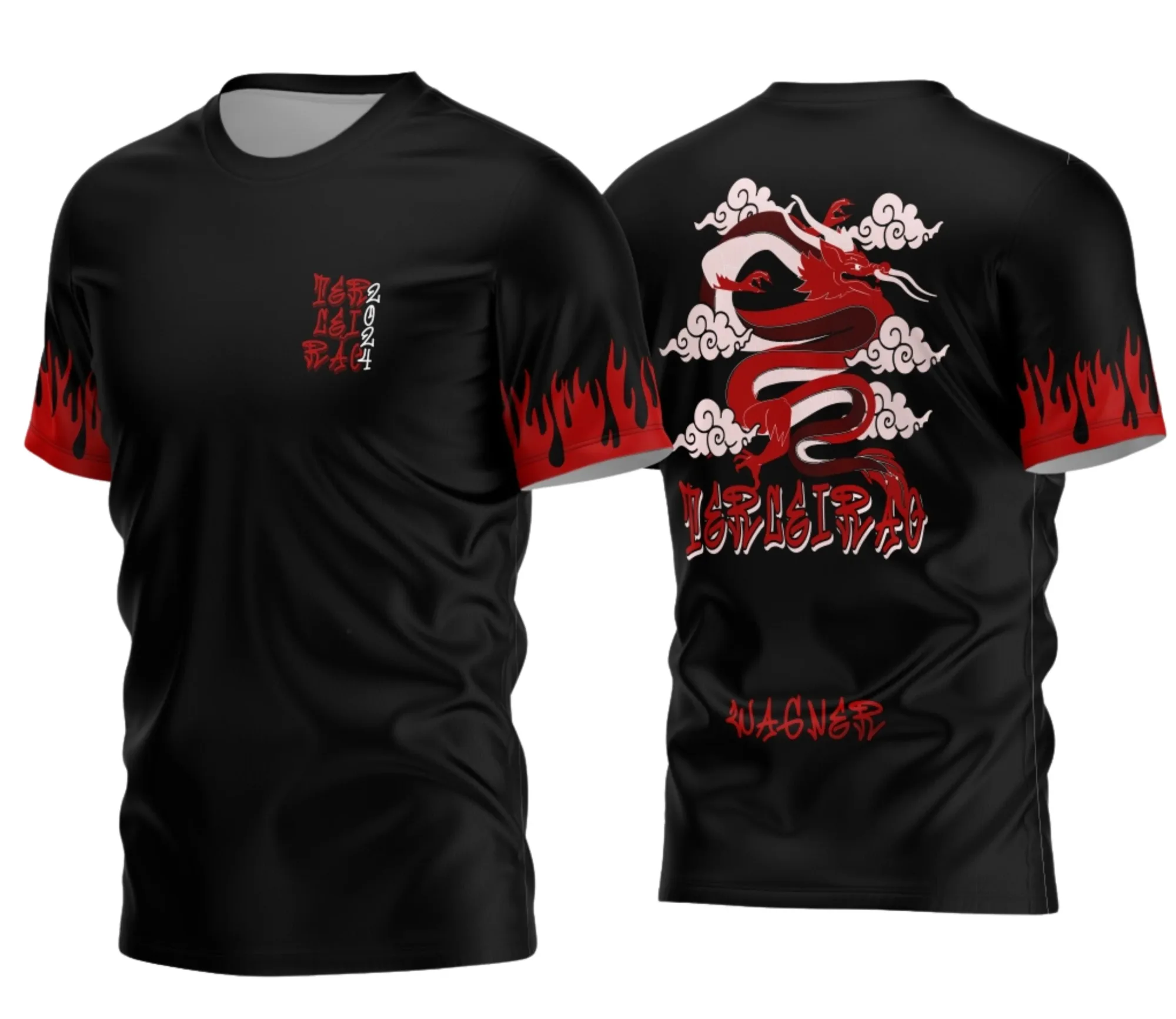 Camiseta unissex preta com logo no peito e estampa grande nas costas temática do Terceirão Dragão 2026, design moderno e atraente para estudantes e turma comemorativa.