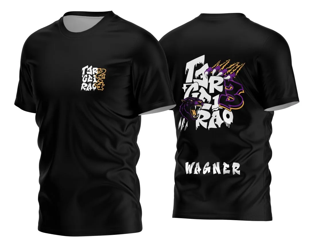 Camiseta unissex preta com logo no peito e estampa grande nas costas, tema Terceirão Pantera 2026, design moderno e impacto visual para estudantes comemorarem seu ano final.