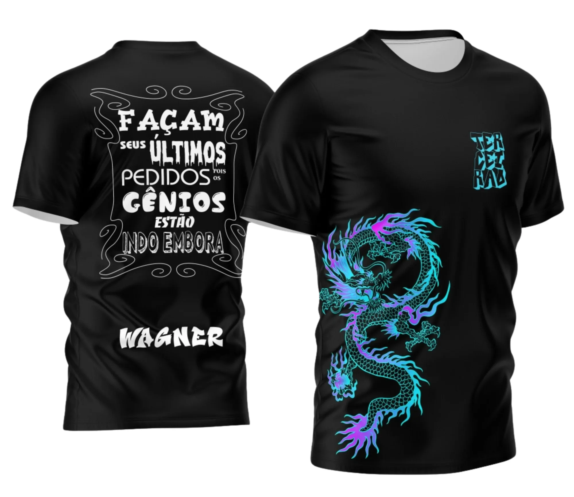 Camiseta unissex preta com logo no peito e estampa grande nas costas destacando o tema Terceirão Dragão Gênios 2026, perfeita para estudantes e grupos que celebram a formatura com estilo e identidade.
